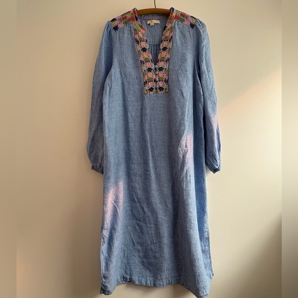 Boden Leonie Embroidered Long Sleeve Linen caftan in blue - Picture 9 of 15